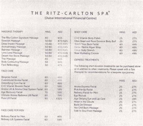 ritz spa menu.